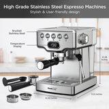 Geek Chef Espresso Machine 20 Bar Maker Coffee Machine 1.5L Water Tank, Stainless Steel, Silver